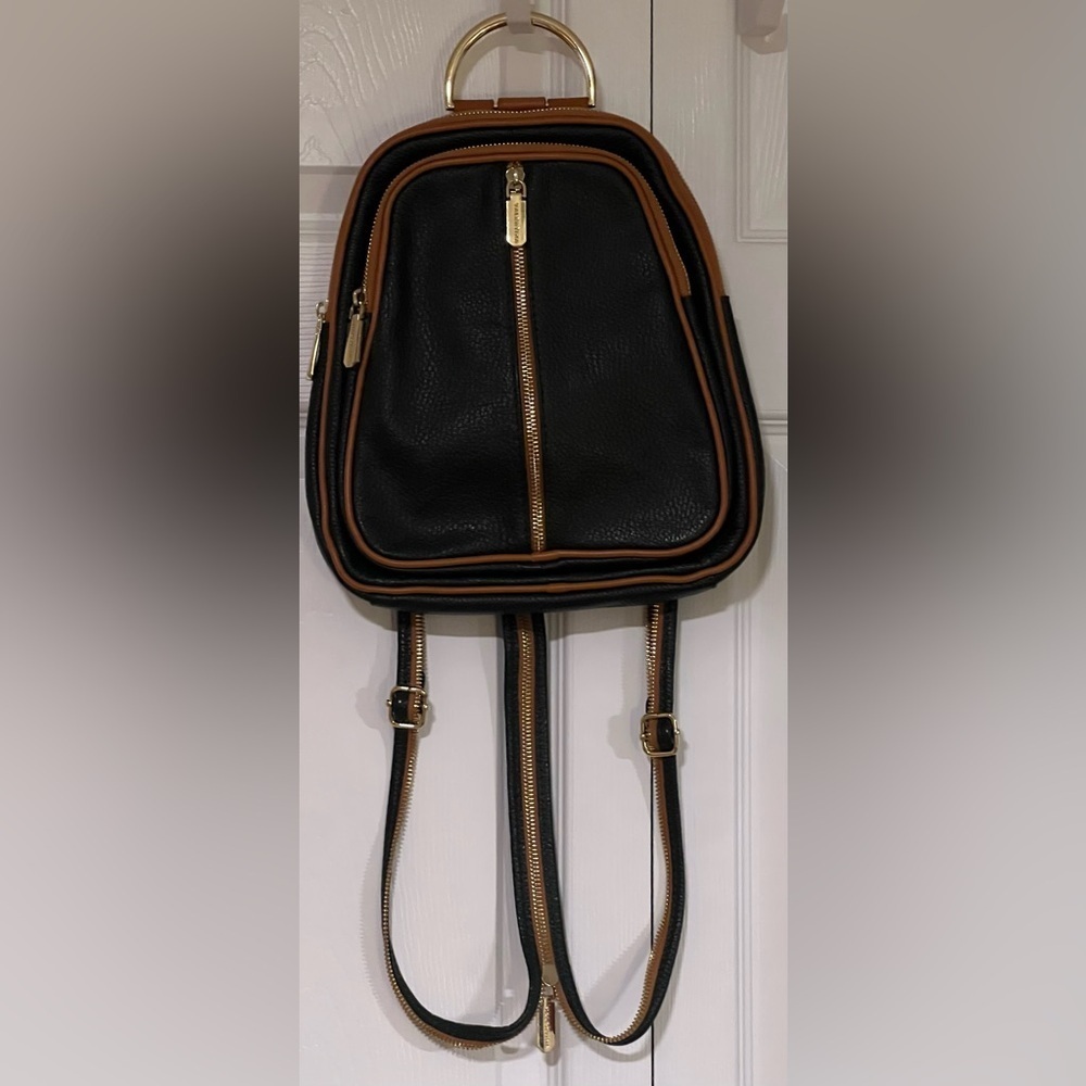 Valentina Pebbled Leather Convertible Backpack in Dark Green With Tan Trim